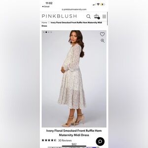 Pink blush Ivory Floral Smocked Front Ruffle Hem Maternity Midi Dress